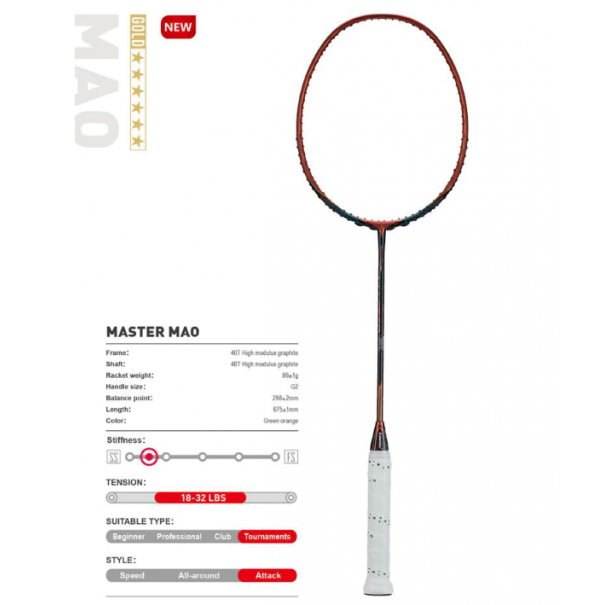 Profesionali badmintono raketė Kawasaki Mao green/orange Profesionali badmintono raketė Kawasaki Mao green/orange